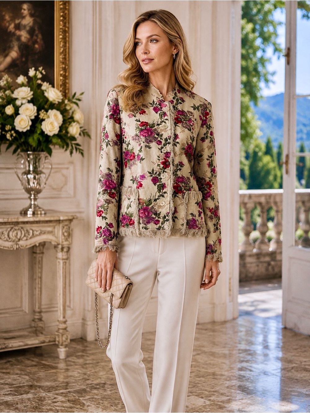 Janna Women’s M/L Floral Cotton Jacket Silk Lined Fringe Collared Made USA VNTG